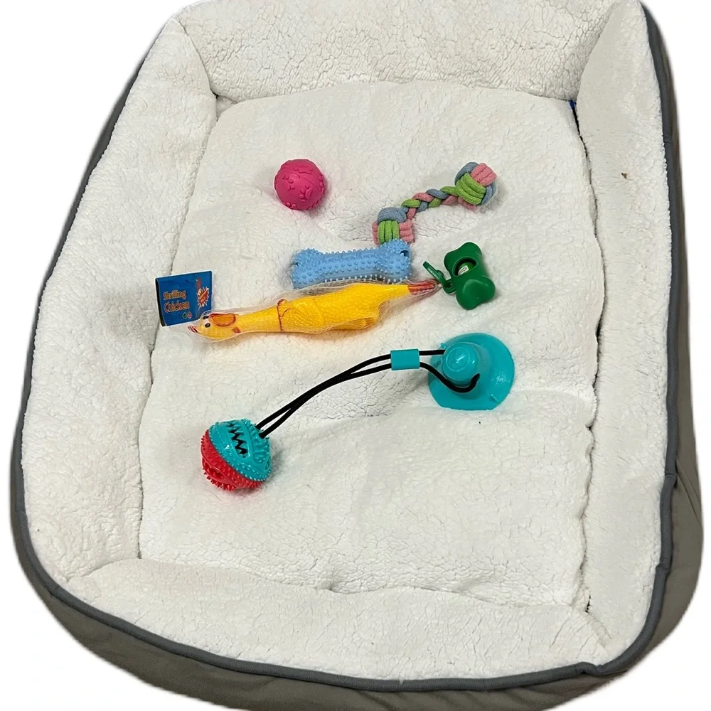 This is a bundle of pet toys with the bed. This is great for medium size dog ,